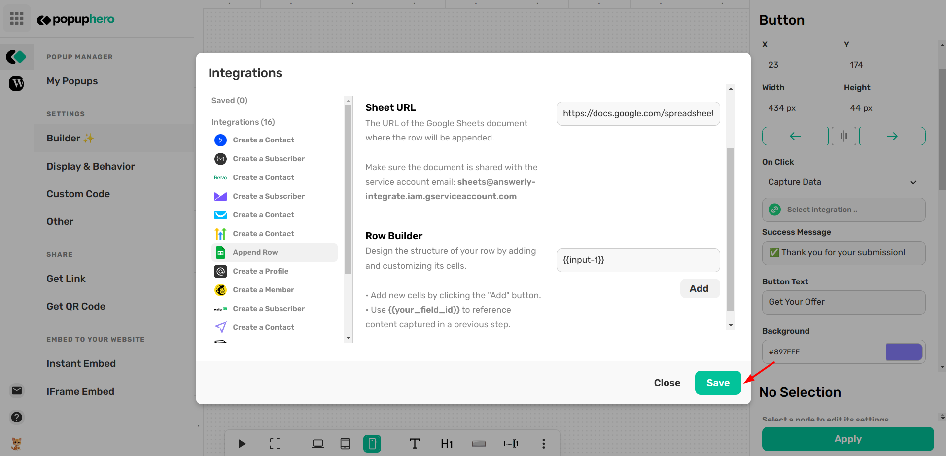 Save sheets integration